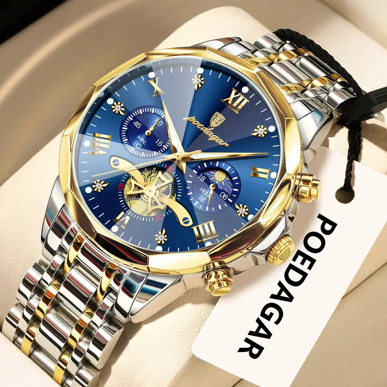 POEDAGAR 938 Diamond Mirror Chronograph, Original Quartz Men's Watch