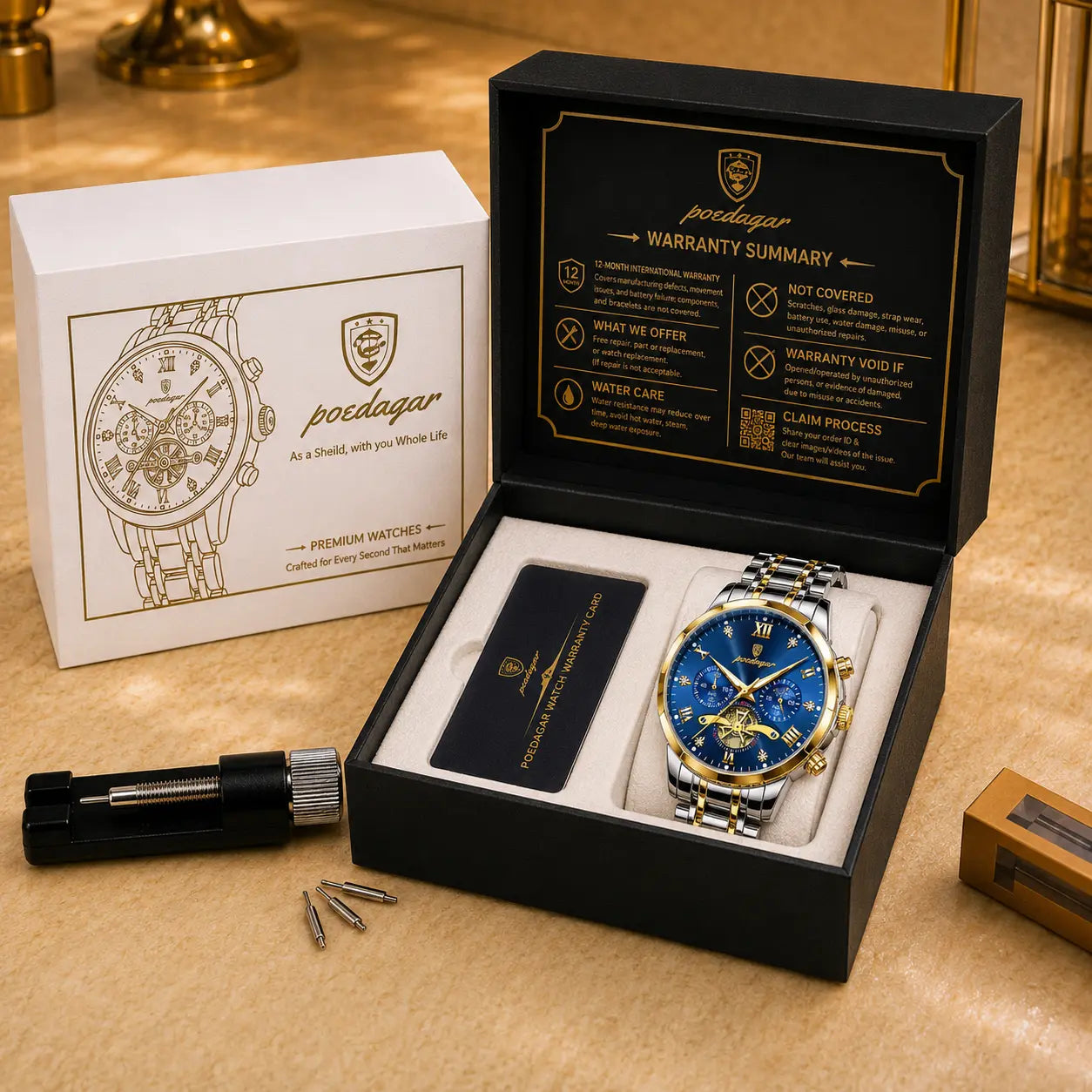 POEDAGAR 938 Diamond Mirror Chronograph, Original Quartz Men's Watch