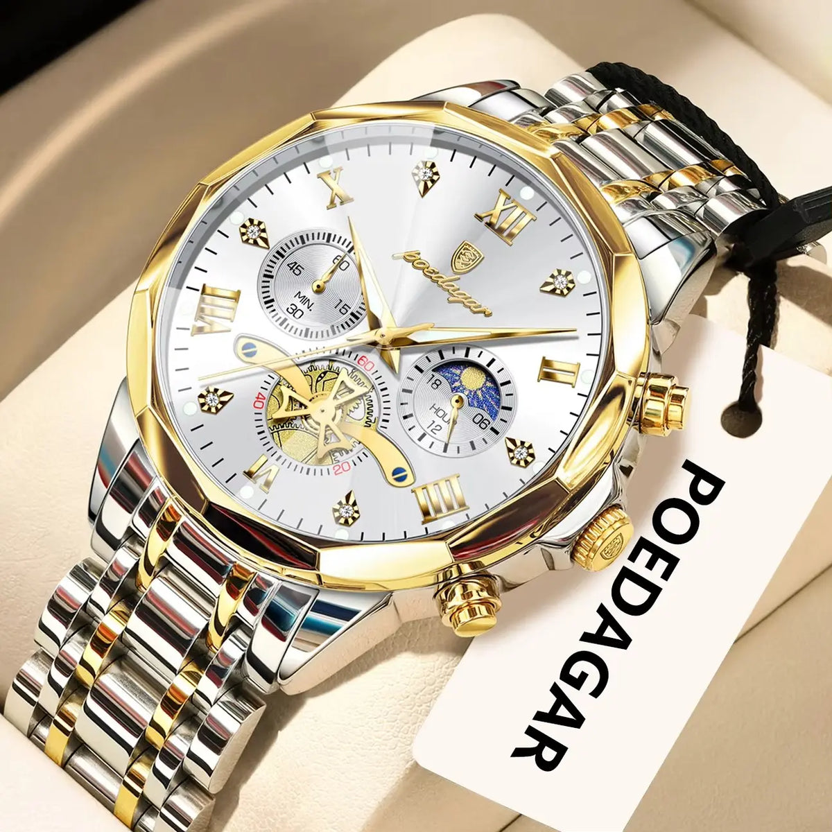 POEDAGAR 938 Diamond Mirror Chronograph, Original Quartz Men's Watch