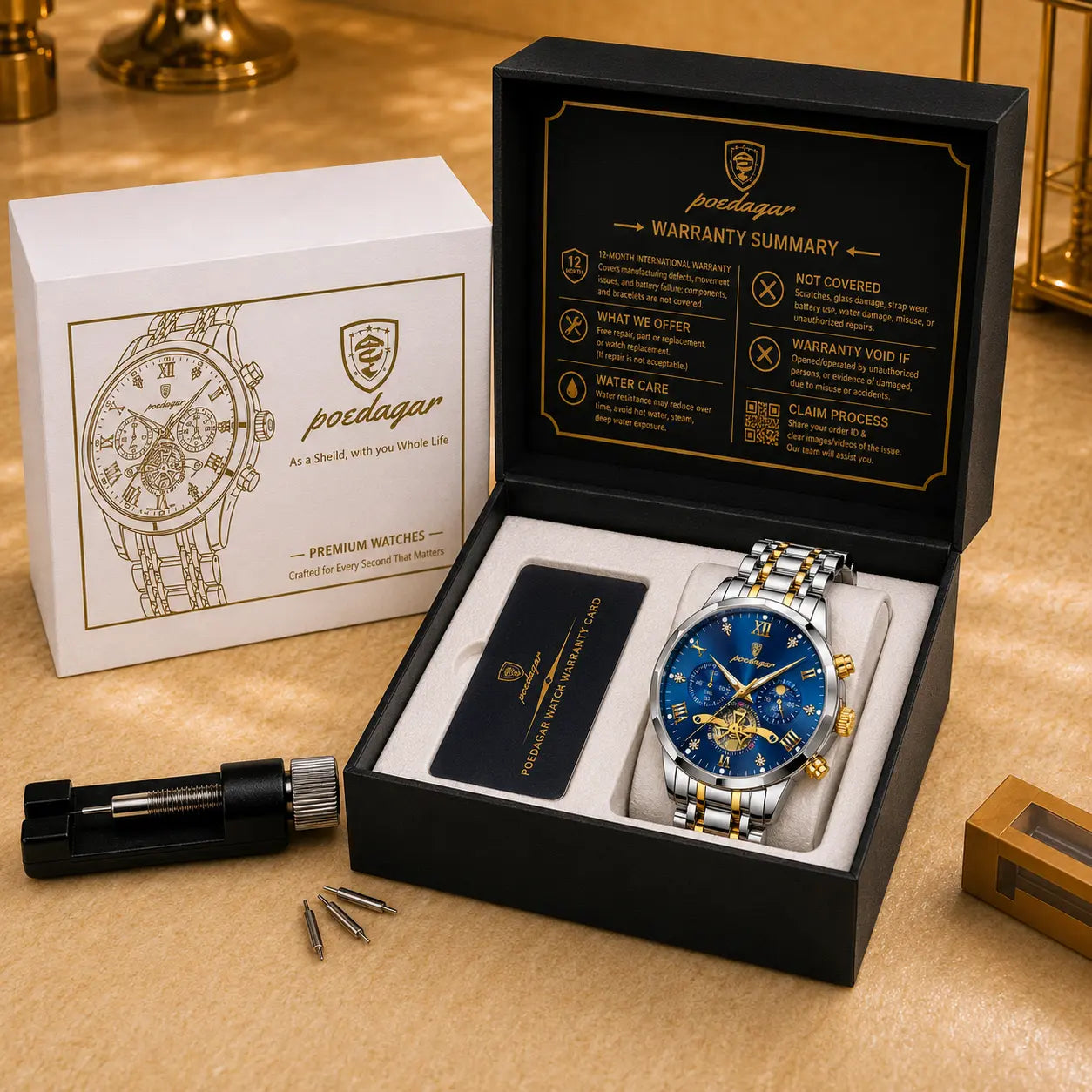 POEDAGAR 938 Diamond Mirror Chronograph, Original Quartz Men's Watch