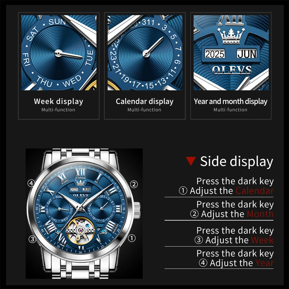 OLEVS 6668 Original Skeleton Waterproof Solid Stainless steel Automatic Mechanical Watch