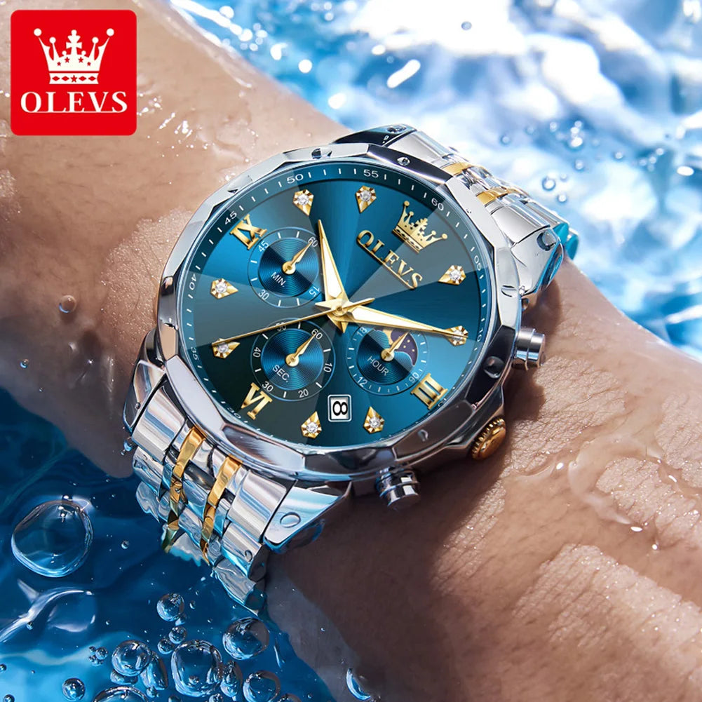 OLEVS 3670 Diamond Mirror Luxury Chronograph Stainless Steel Quartz Wrist Watch