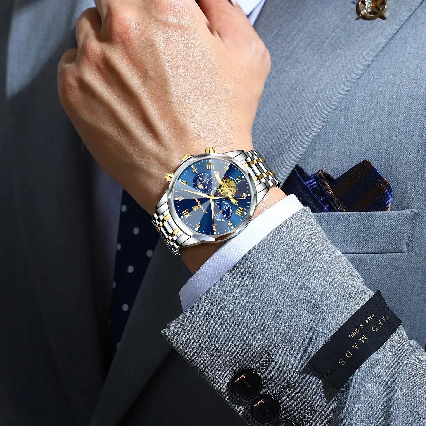 POEDAGAR 938 Diamond Mirror Chronograph, Original Quartz Men's Watch