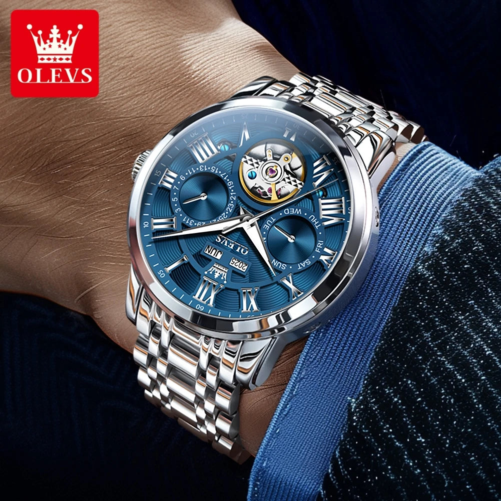 OLEVS 6668 Original Skeleton Waterproof Solid Stainless steel Automatic Mechanical Watch