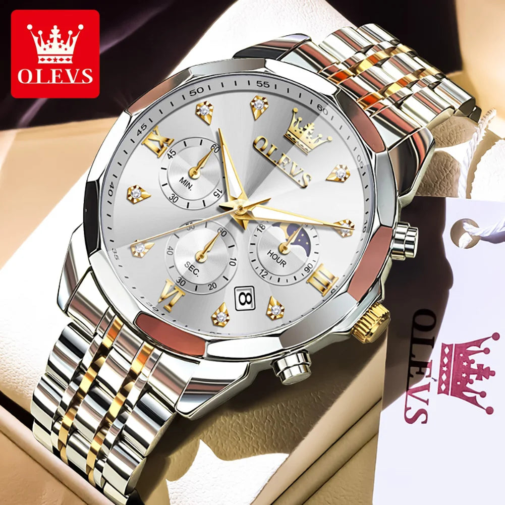 OLEVS 3670 Diamond Mirror Luxury Chronograph Stainless Steel Quartz Wrist Watch