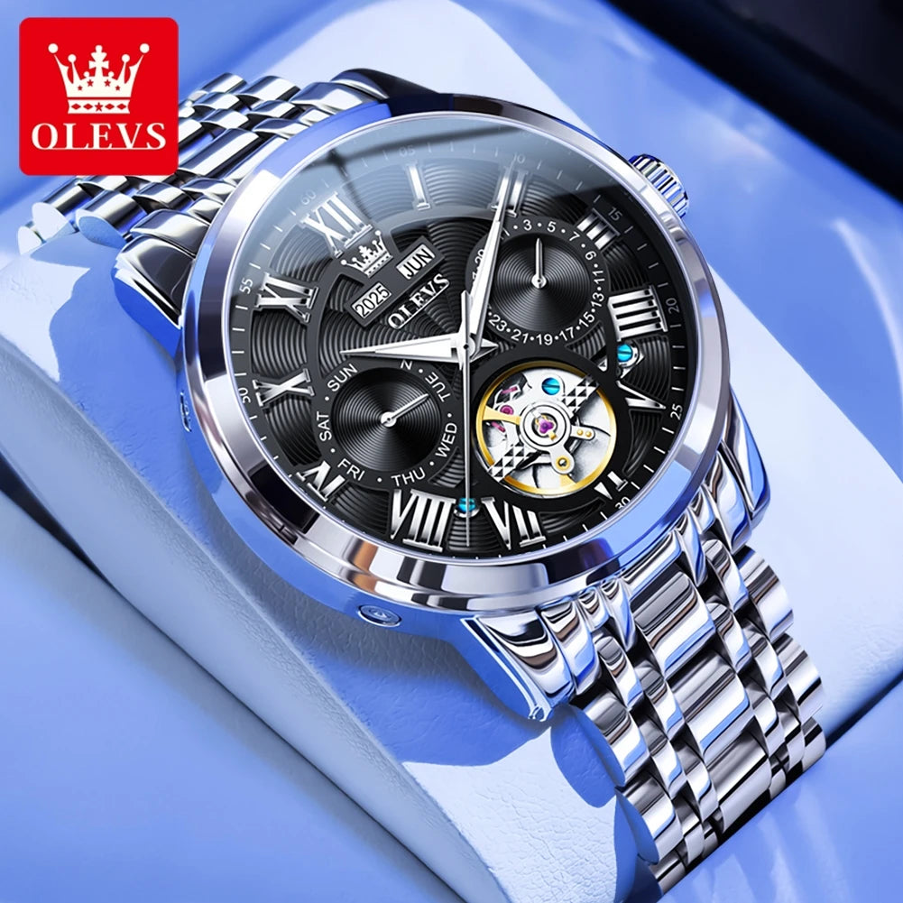 OLEVS 6668 Original Skeleton Waterproof Solid Stainless steel Automatic Mechanical Watch