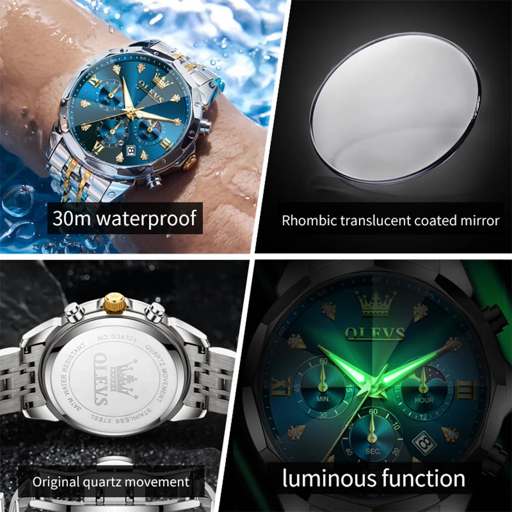 OLEVS 3670 Diamond Mirror Luxury Chronograph Stainless Steel Quartz Wrist Watch