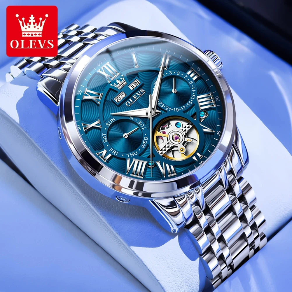 OLEVS 6668 Original Skeleton Waterproof Solid Stainless steel Automatic Mechanical Watch