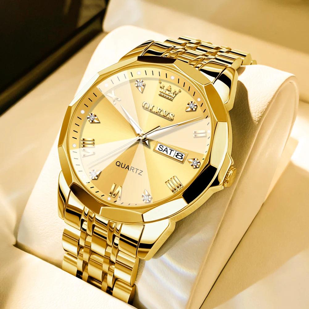 Gold wristwatch with a detailed face on a white cushion