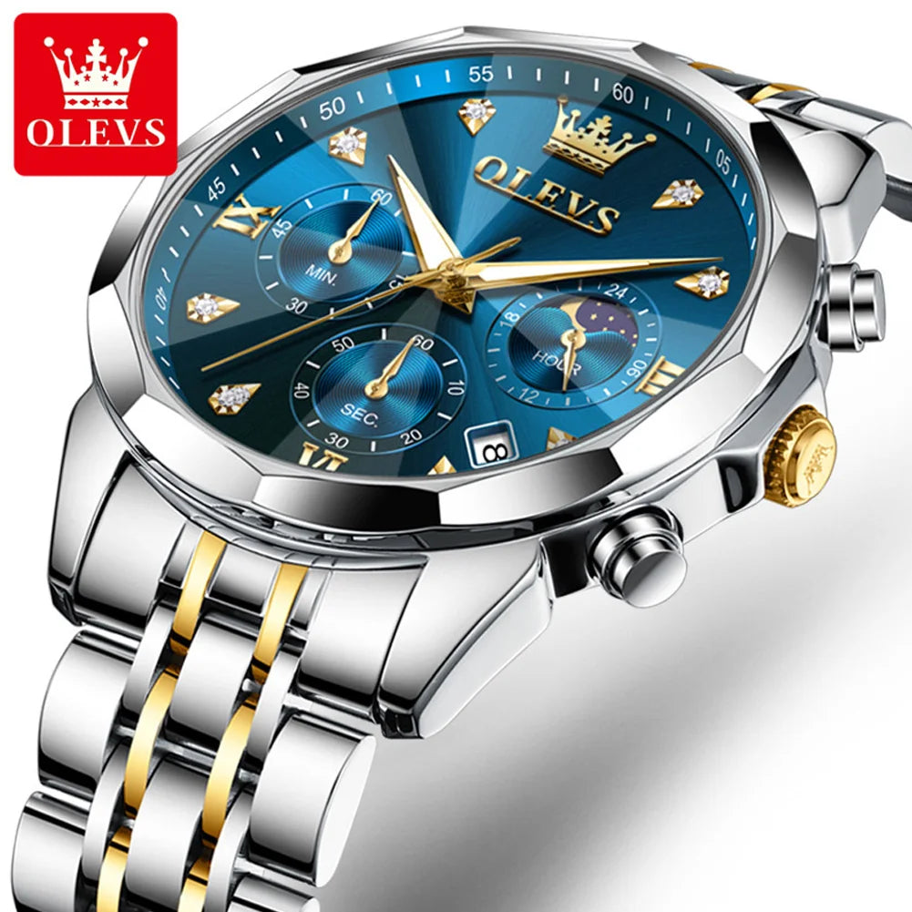 OLEVS 3670 Diamond Mirror Luxury Chronograph Stainless Steel Quartz Wrist Watch