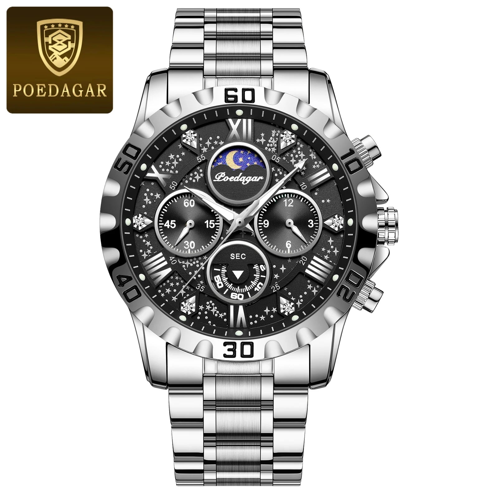 POEDAGAR 973 Luminous Chronograph Stainless Steel Men's Watches