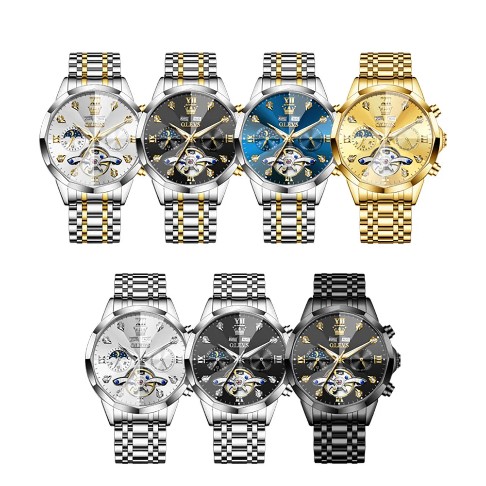 OLEVS 6621 Men's Skeleton Moon Phase Automatic Watch – Luminous, Prism Mirror, Stylish