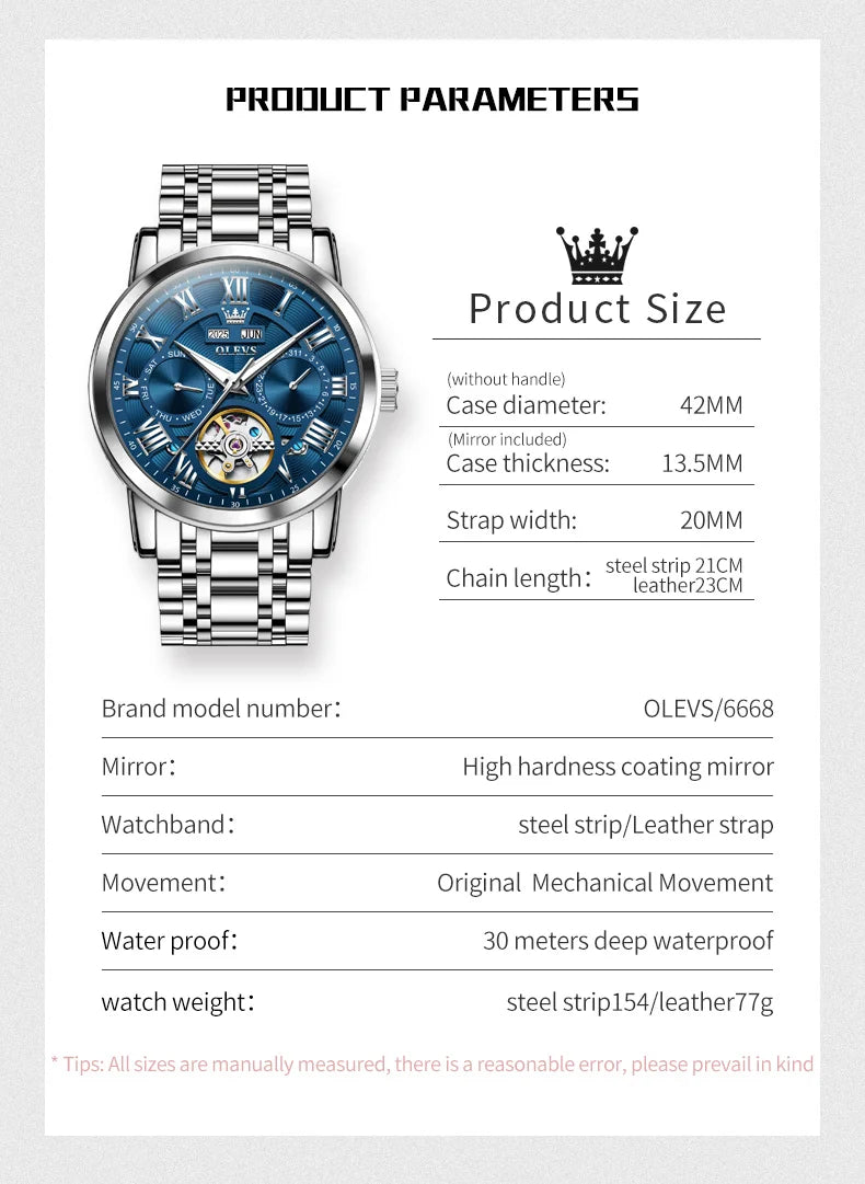 OLEVS 6668 Original Skeleton Waterproof Solid Stainless steel Automatic Mechanical Watch