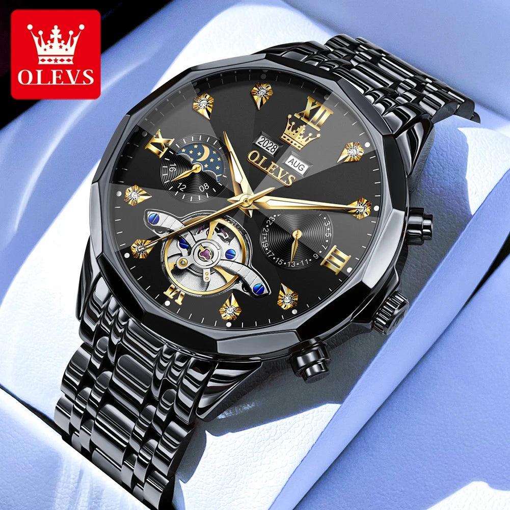 OLEVS 6621 Men's Skeleton Moon Phase Automatic Watch – Luminous, Prism Mirror, Stylish