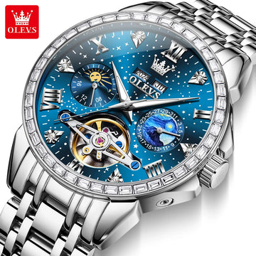 OLEVS 6712 Men's Skeleton Watch – Flywheel, Moon Phase, Waterproof, Diamond Bezel