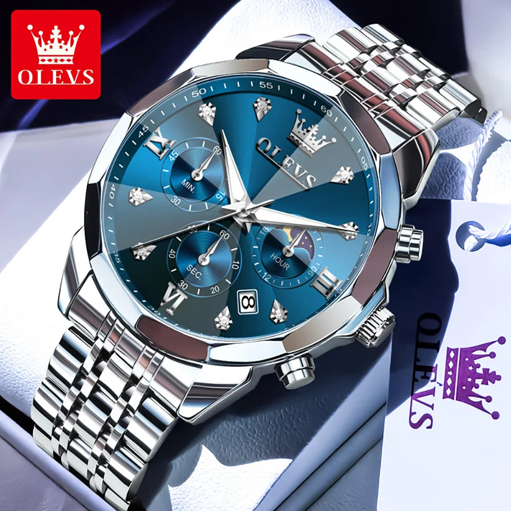 OLEVS 3670 Diamond Mirror Luxury Chronograph Stainless Steel Quartz Wrist Watch