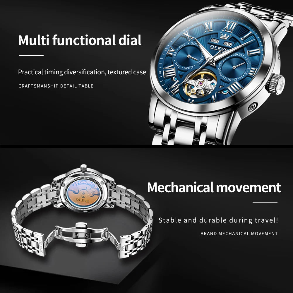 OLEVS 6668 Original Skeleton Waterproof Solid Stainless steel Automatic Mechanical Watch