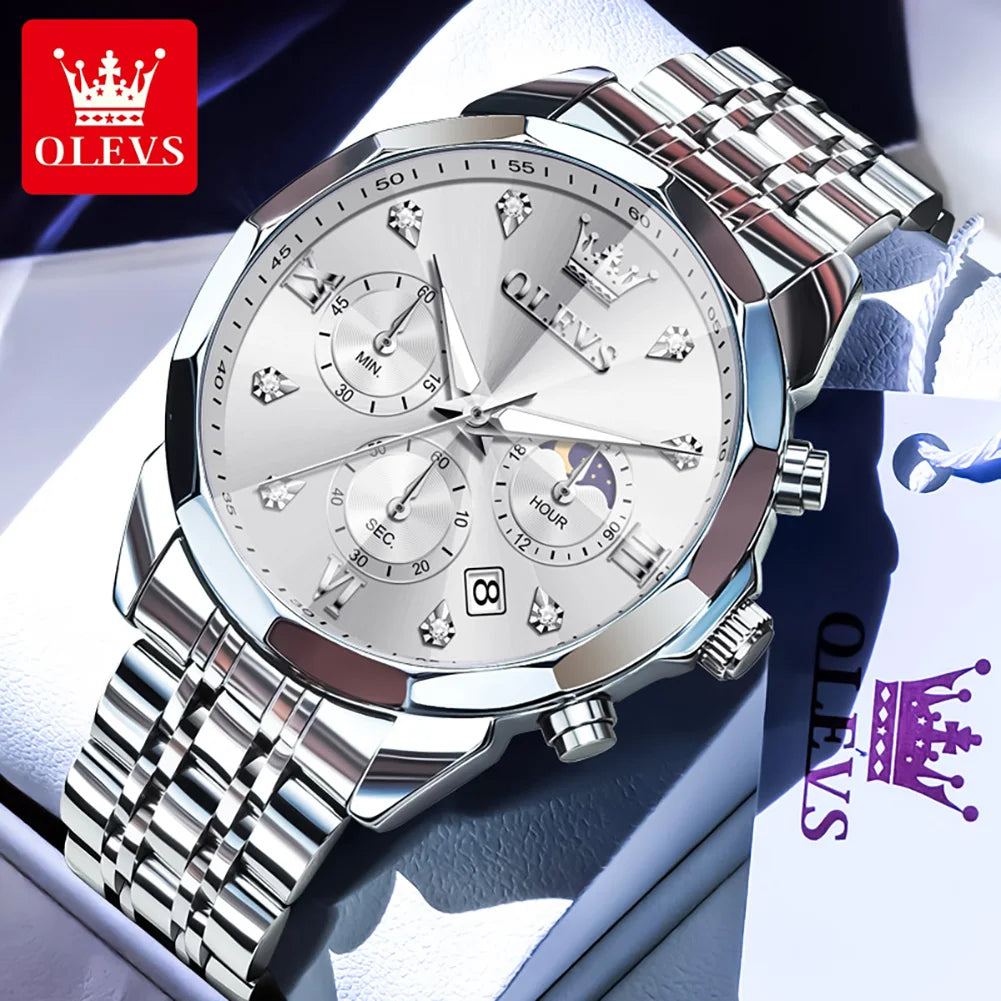 OLEVS 3670 Diamond Mirror Luxury Chronograph Stainless Steel Quartz Wrist Watch