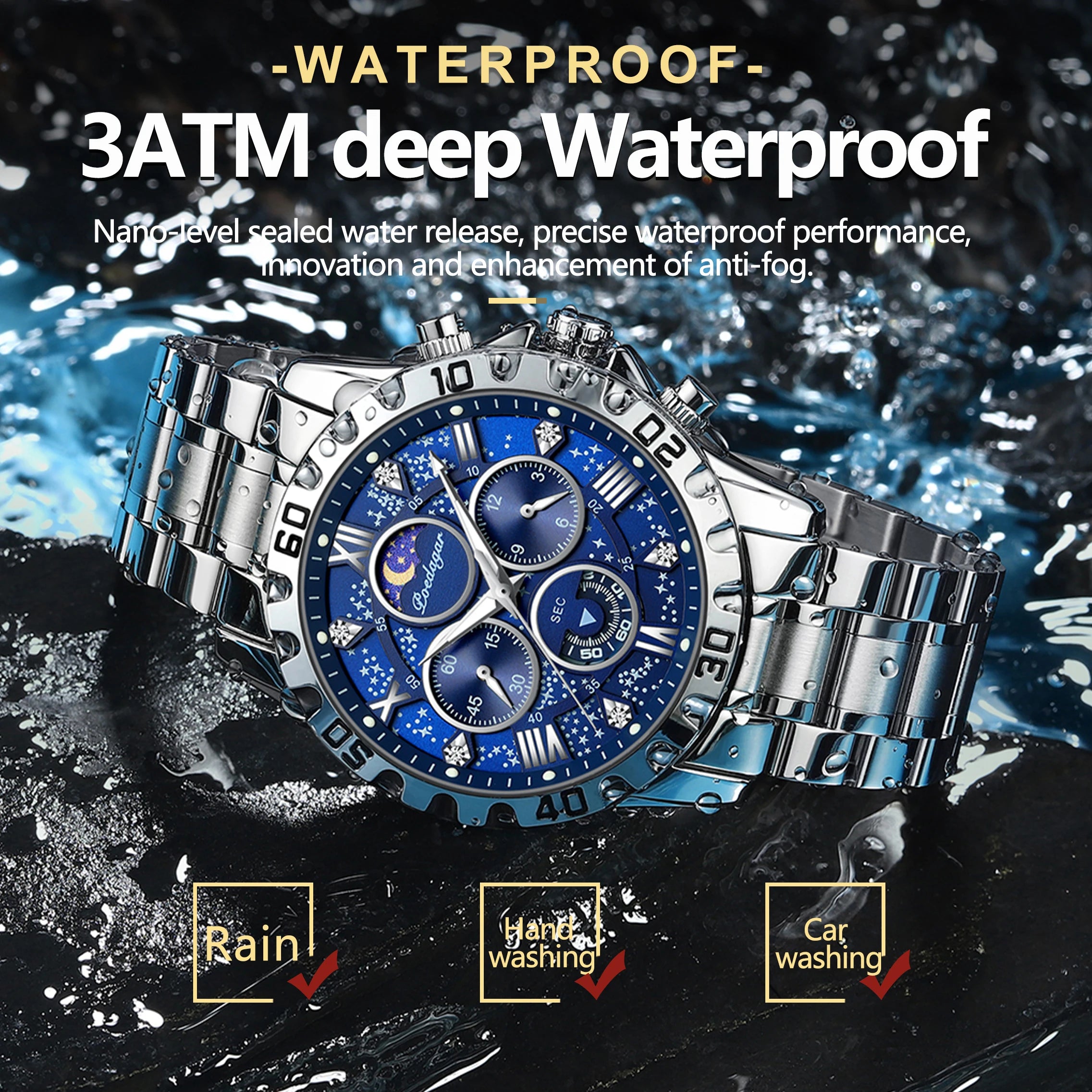 POEDAGAR 973 Luminous Chronograph Stainless Steel Men's Watches