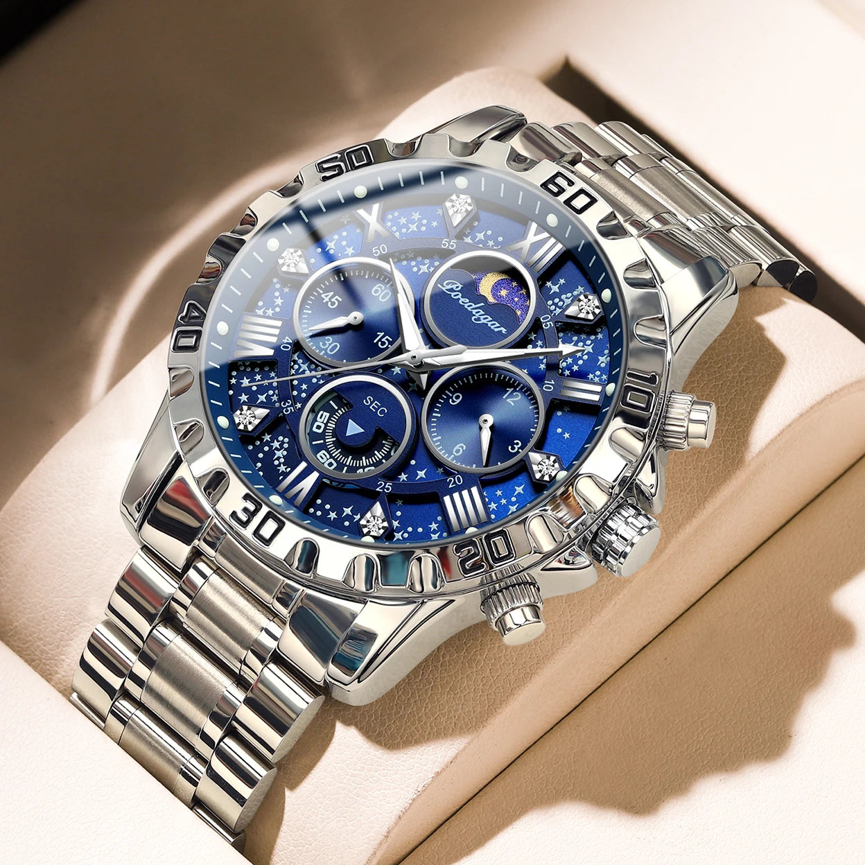 POEDAGAR 973 Luminous Chronograph Stainless Steel Men's Watches