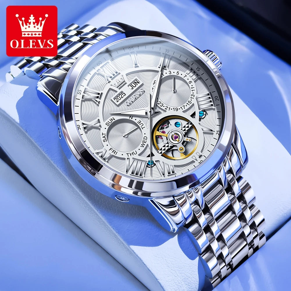 OLEVS 6668 Original Skeleton Waterproof Solid Stainless steel Automatic Mechanical Watch