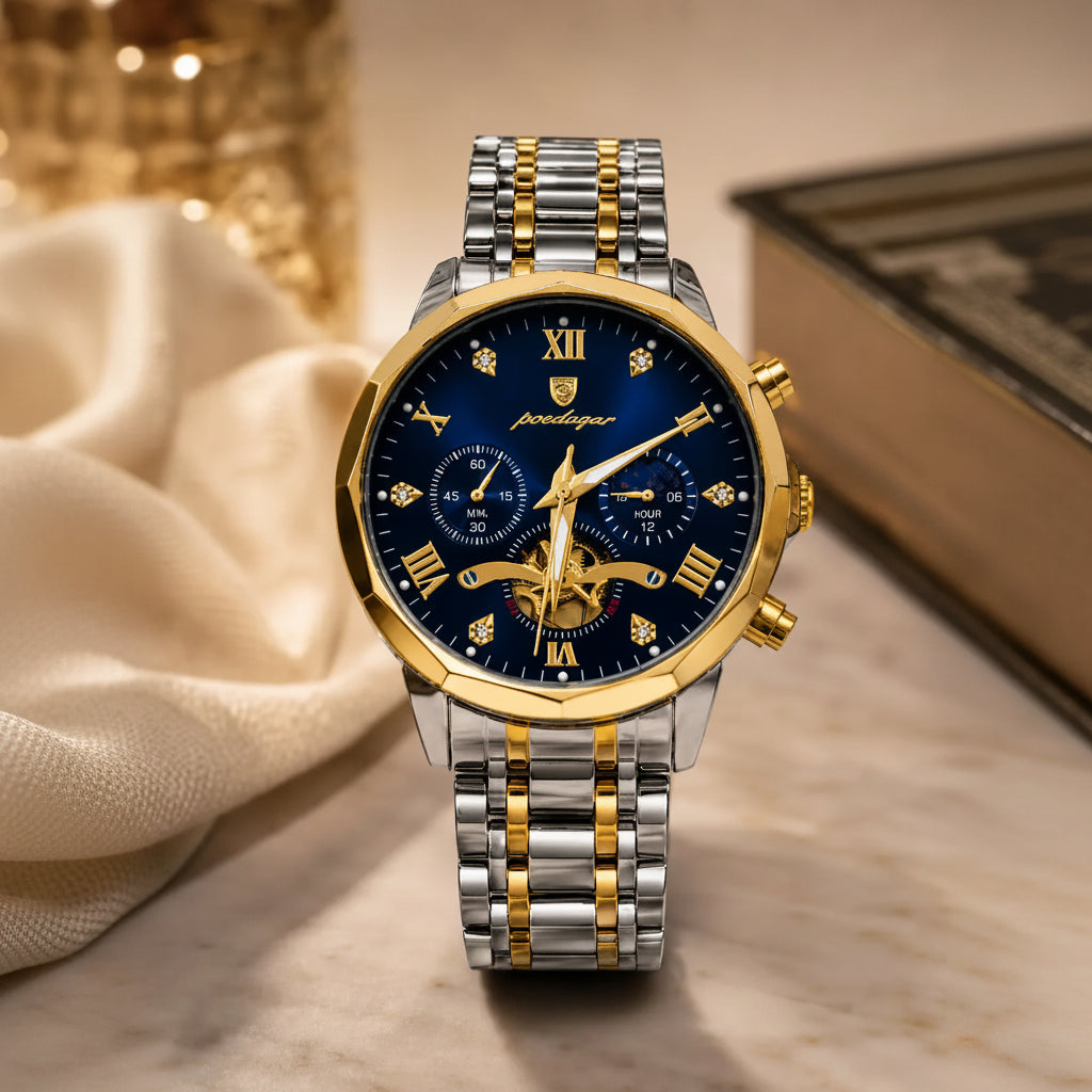 POEDAGAR 938 Diamond Mirror Chronograph, Original Quartz Men's Watch