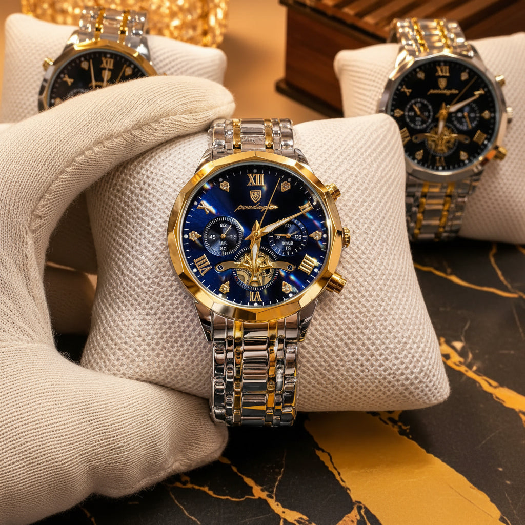 POEDAGAR 938 Diamond Mirror Chronograph, Original Quartz Men's Watch