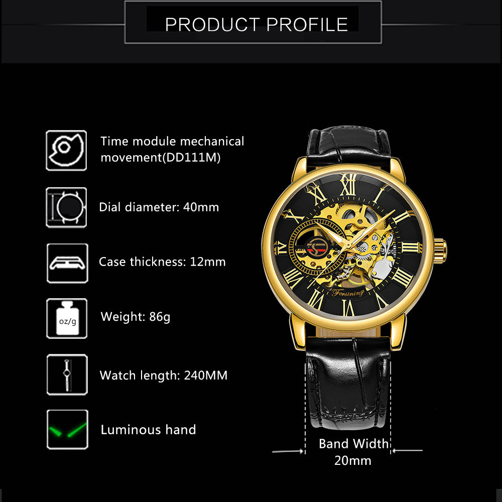 Forsining Skeleton Hollow Mechanical Watch for Men Leather Strap