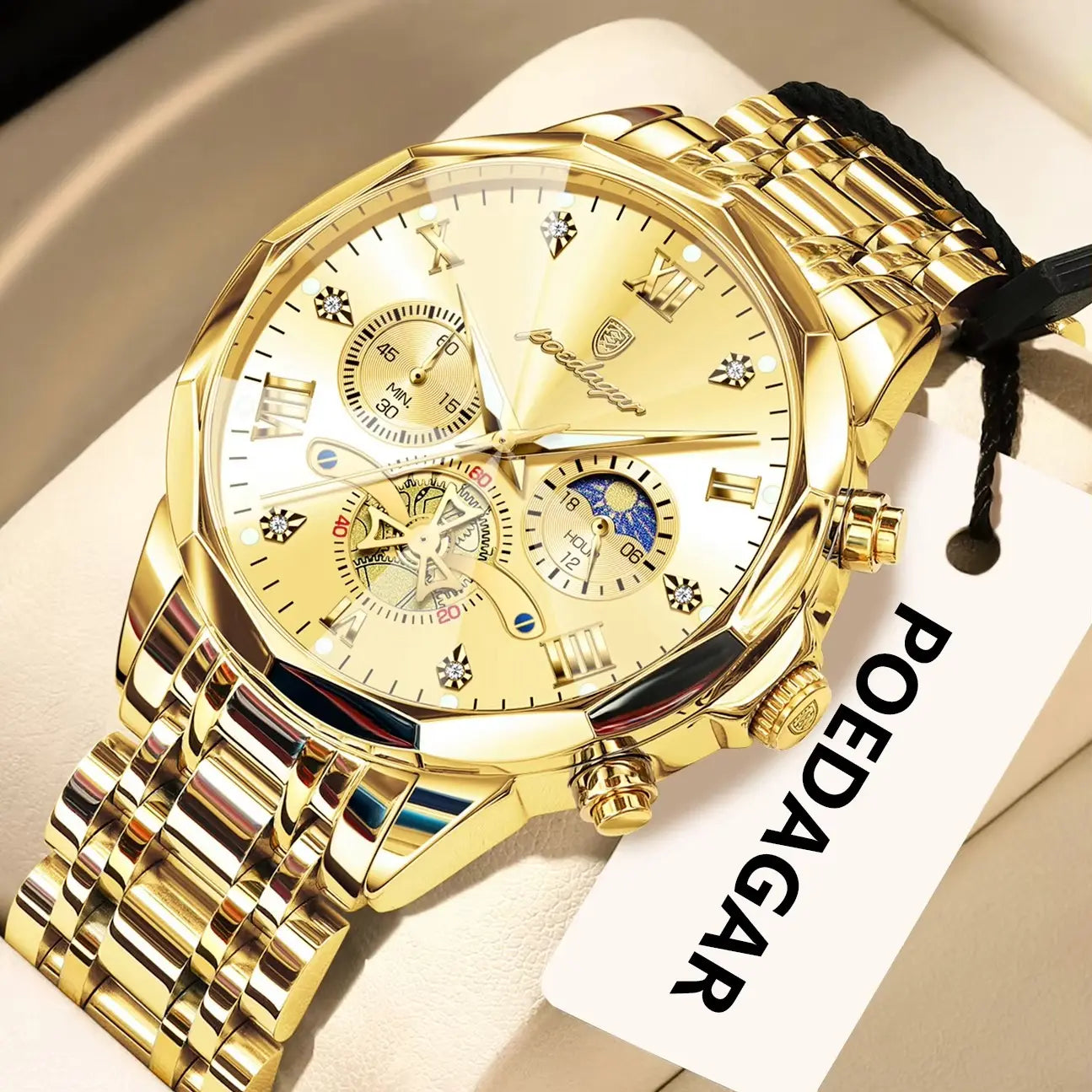 POEDAGAR 938 Diamond Mirror Chronograph, Original Quartz Men's Watch