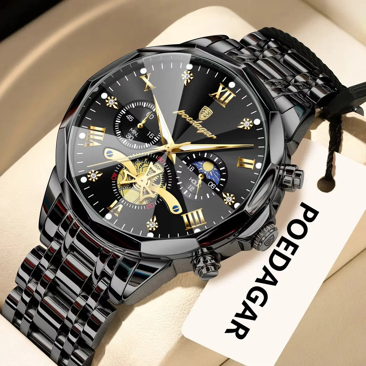 POEDAGAR 938 Diamond Mirror Chronograph, Original Quartz Men's Watch