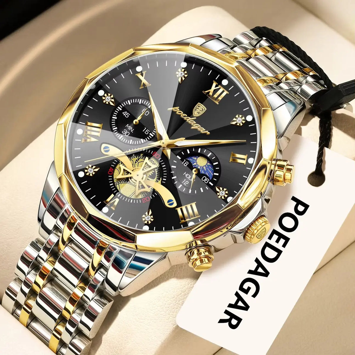 POEDAGAR 938 Diamond Mirror Chronograph, Original Quartz Men's Watch