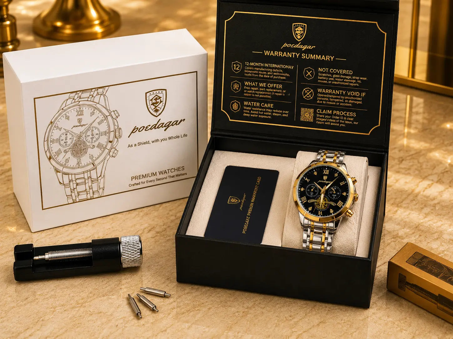 POEDAGAR 938 Diamond Mirror Chronograph, Original Quartz Men's Watch