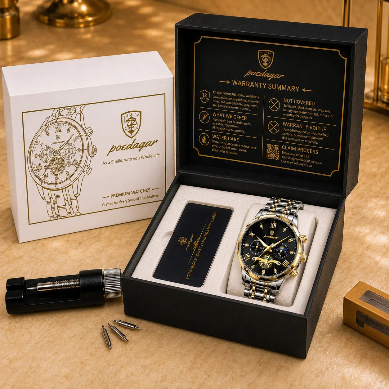 POEDAGAR 938 Diamond Mirror Chronograph, Original Quartz Men's Watch