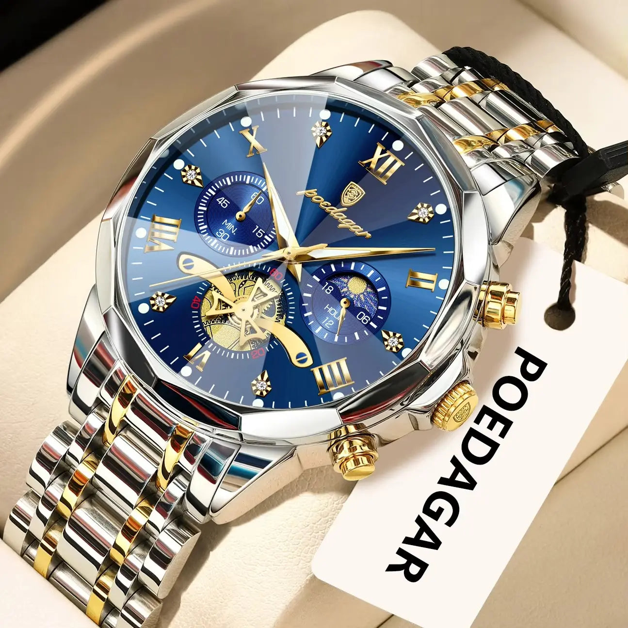 POEDAGAR 938 Diamond Mirror Chronograph, Original Quartz Men's Watch