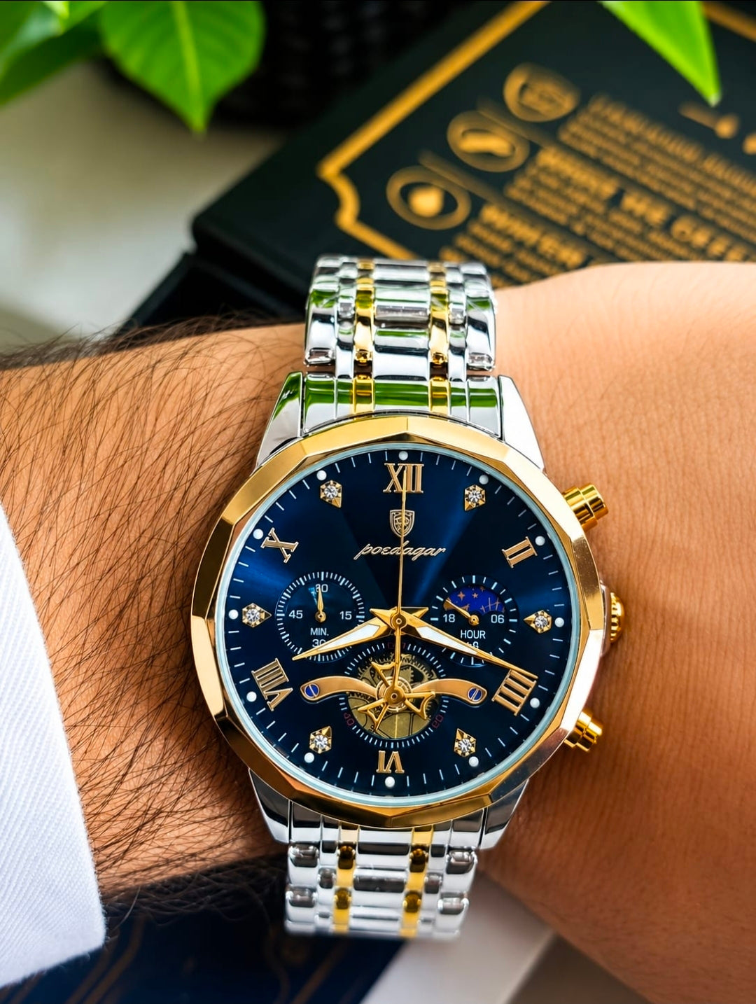 POEDAGAR 938 Diamond Mirror Chronograph, Original Quartz Men's Watch