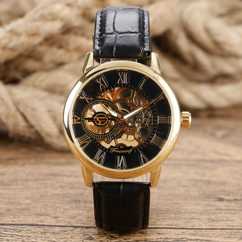 Forsining Skeleton Hollow Mechanical Watch for Men Leather Strap