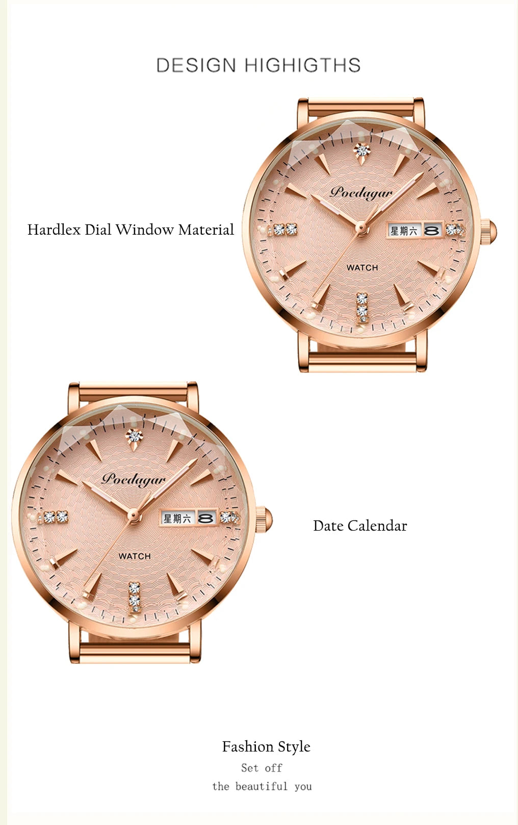 POEDAGAR 3012 New Fashion Luxury Stainless Steel Rose Gold Ladies Watches