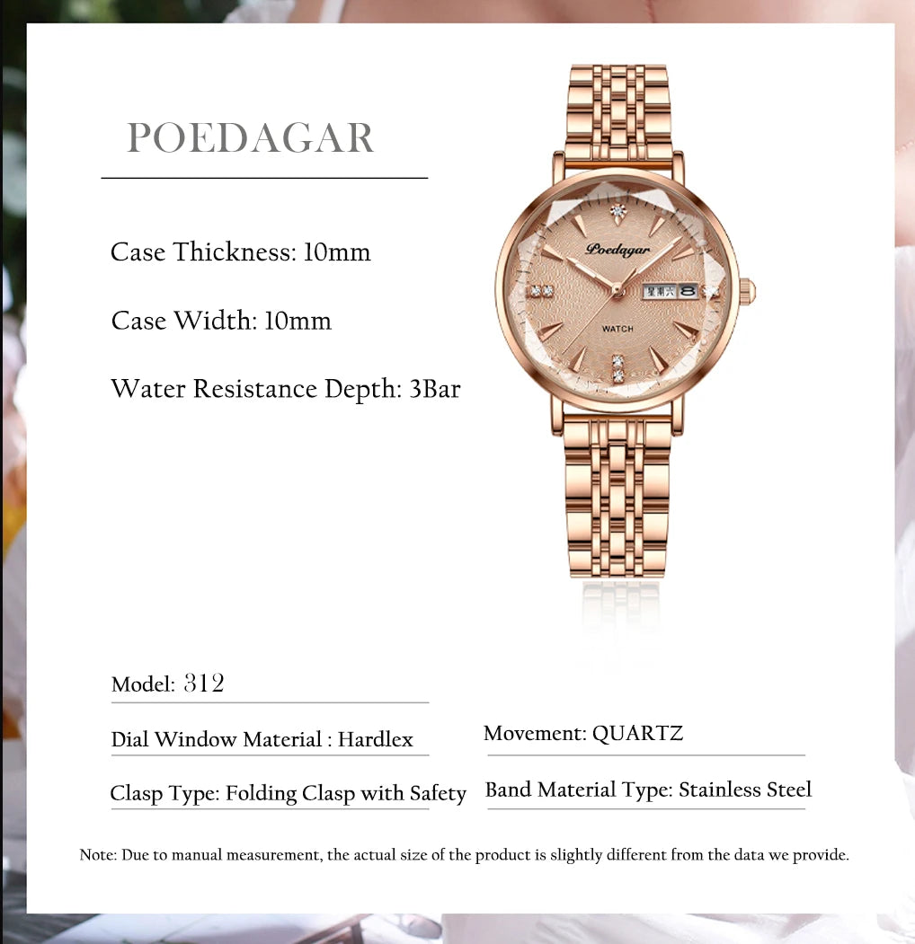 POEDAGAR 3012 New Fashion Luxury Stainless Steel Rose Gold Ladies Watches