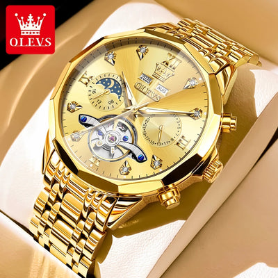 OLEVS 6621 Men's Skeleton Moon Phase Automatic Watch – Luminous, Prism Mirror, Stylish