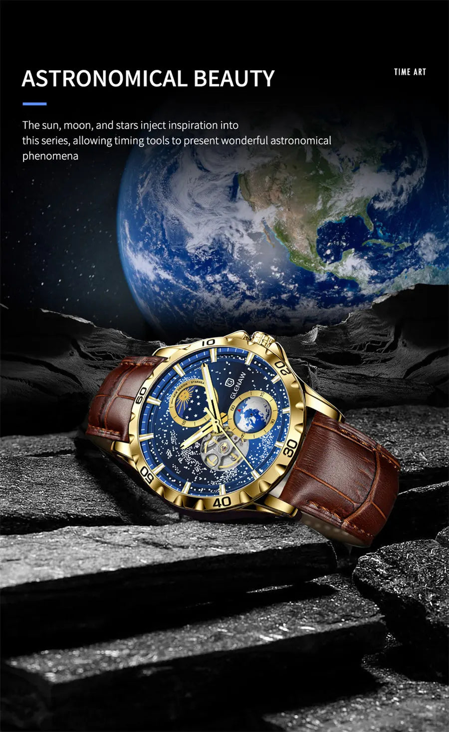 GLENAW GL8950 New Men's Automatic Skeleton, Starry Sky Mechanical Watch