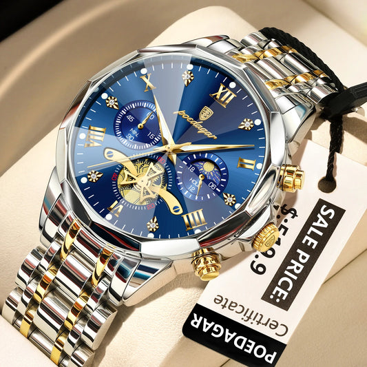 POEDAGAR 938 Diamond Mirror Chronograph, Original Quartz Men's Watch