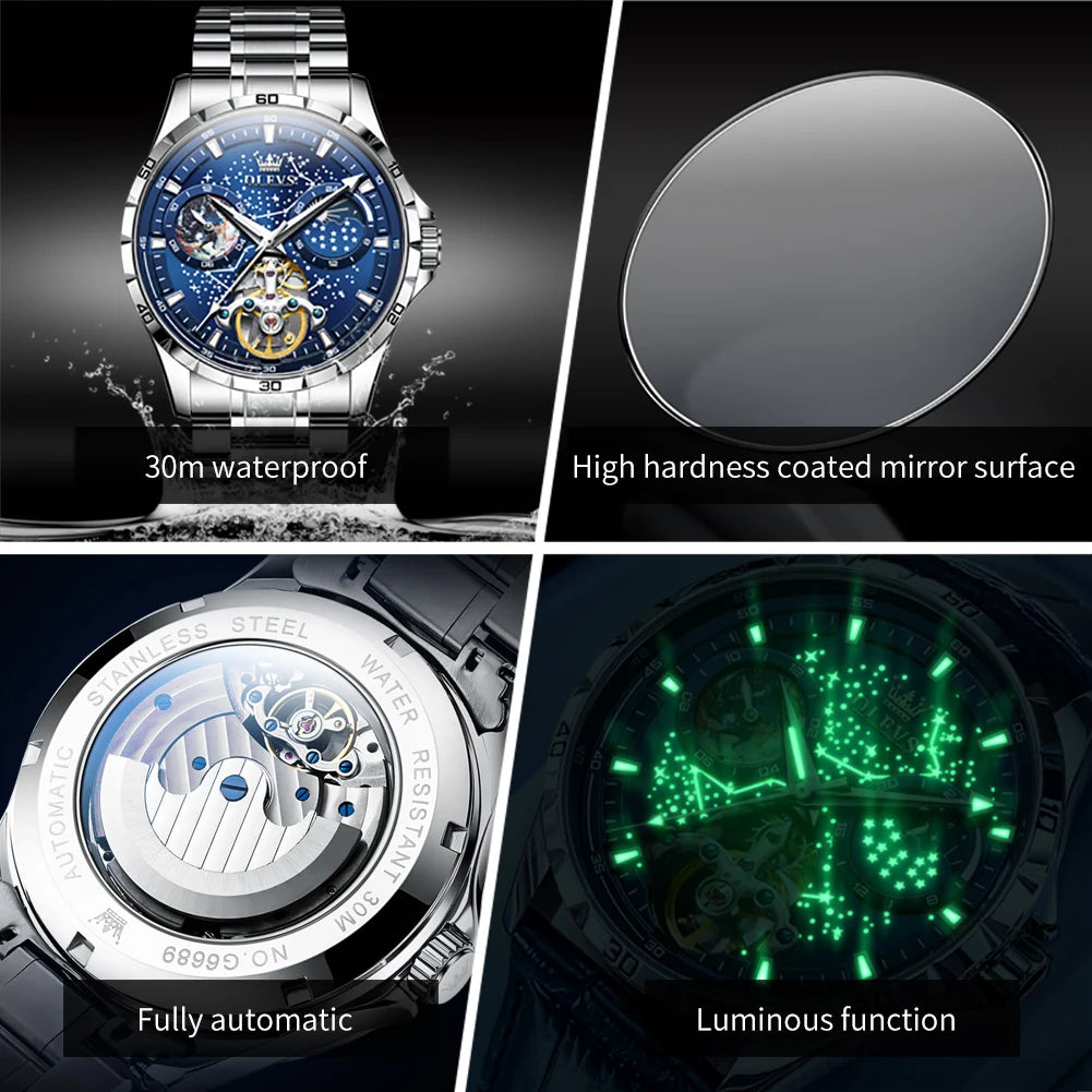 OLEVS 6689 Starry Sky Disk Waterproof Luminous Automatic Moon Phase Wristwatch