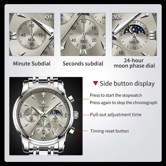 OLEVS 3639 Chronograph Men's Watch, Waterproof Luminous Moon Phase Watch