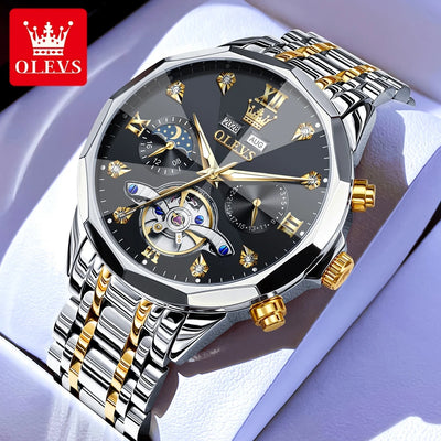 OLEVS 6621 Men's Skeleton Moon Phase Automatic Watch – Luminous, Prism Mirror, Stylish