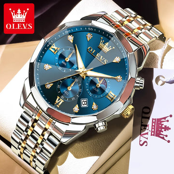 OLEVS 3670 Diamond Mirror Luxury Chronograph Stainless Steel Quartz Wrist Watch