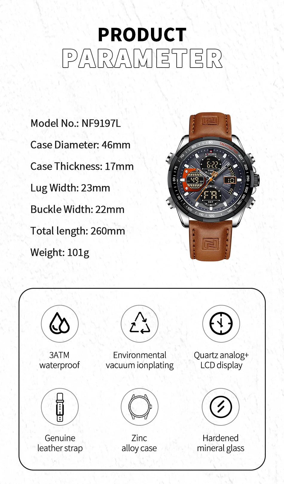 NAVIFORCE 9197L Strong Luminous Dual Display Waterproof Quartz Genuine Leather Wristwatch