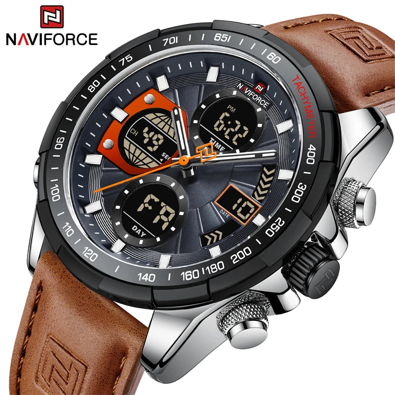 NAVIFORCE 9197L Strong Luminous Dual Display Waterproof Quartz Genuine Leather Wristwatch