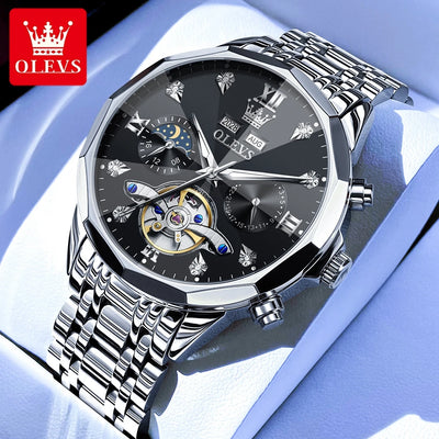 OLEVS 6621 Men's Skeleton Moon Phase Automatic Watch – Luminous, Prism Mirror, Stylish