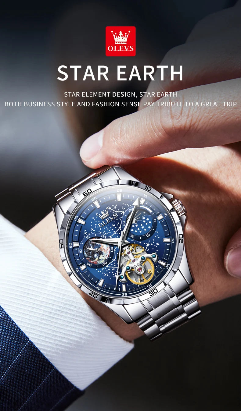 OLEVS 6689 Starry Sky Disk Waterproof Luminous Automatic Moon Phase Wristwatch