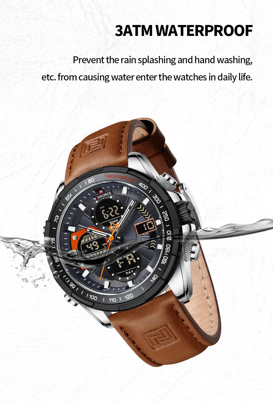 NAVIFORCE 9197L Strong Luminous Dual Display Waterproof Quartz Genuine Leather Wristwatch